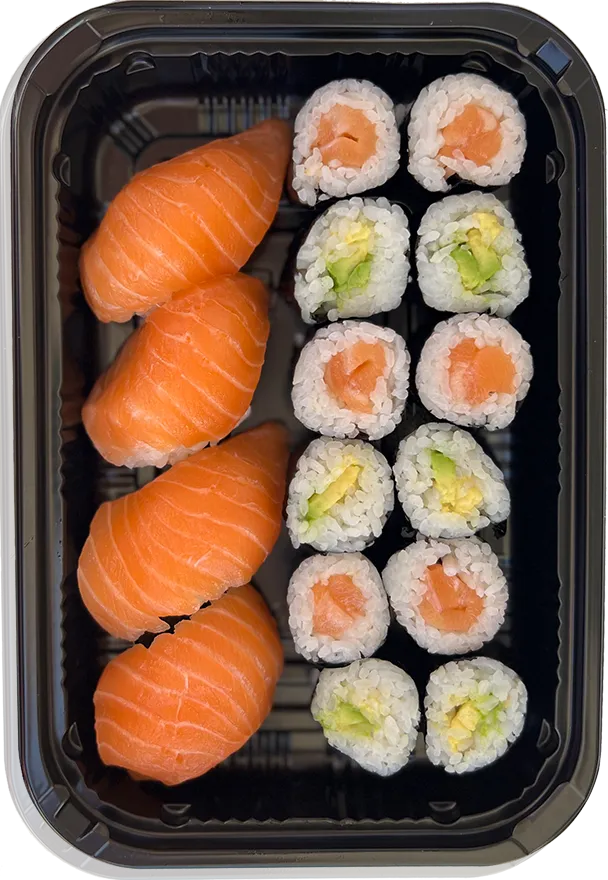 Salmon nigiri with salmon and avocado maki rolls