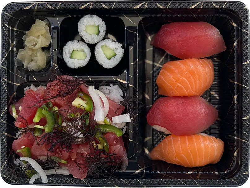 Nigiri bento with tuna and salmon nigiri, cucumber maki and tuna poke